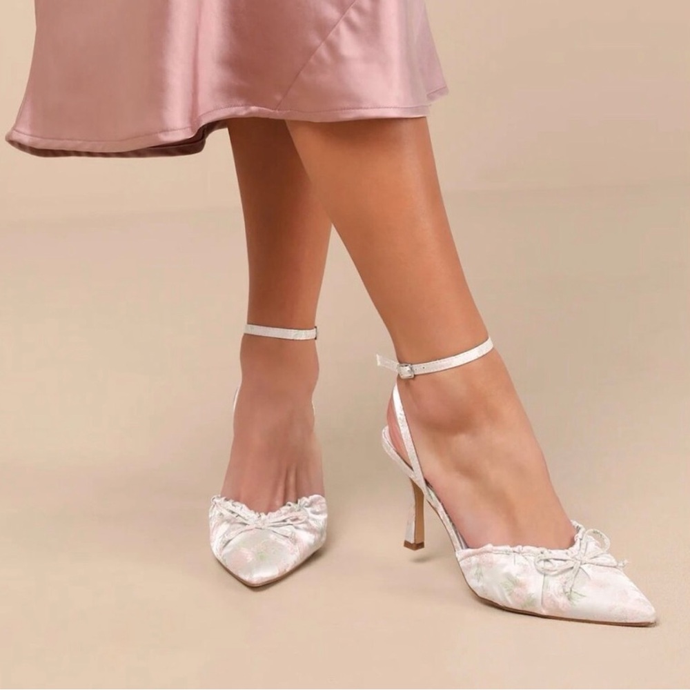 Lulus Issoria Gold Mix Floral Satin Bow Ankle Strap Pumps